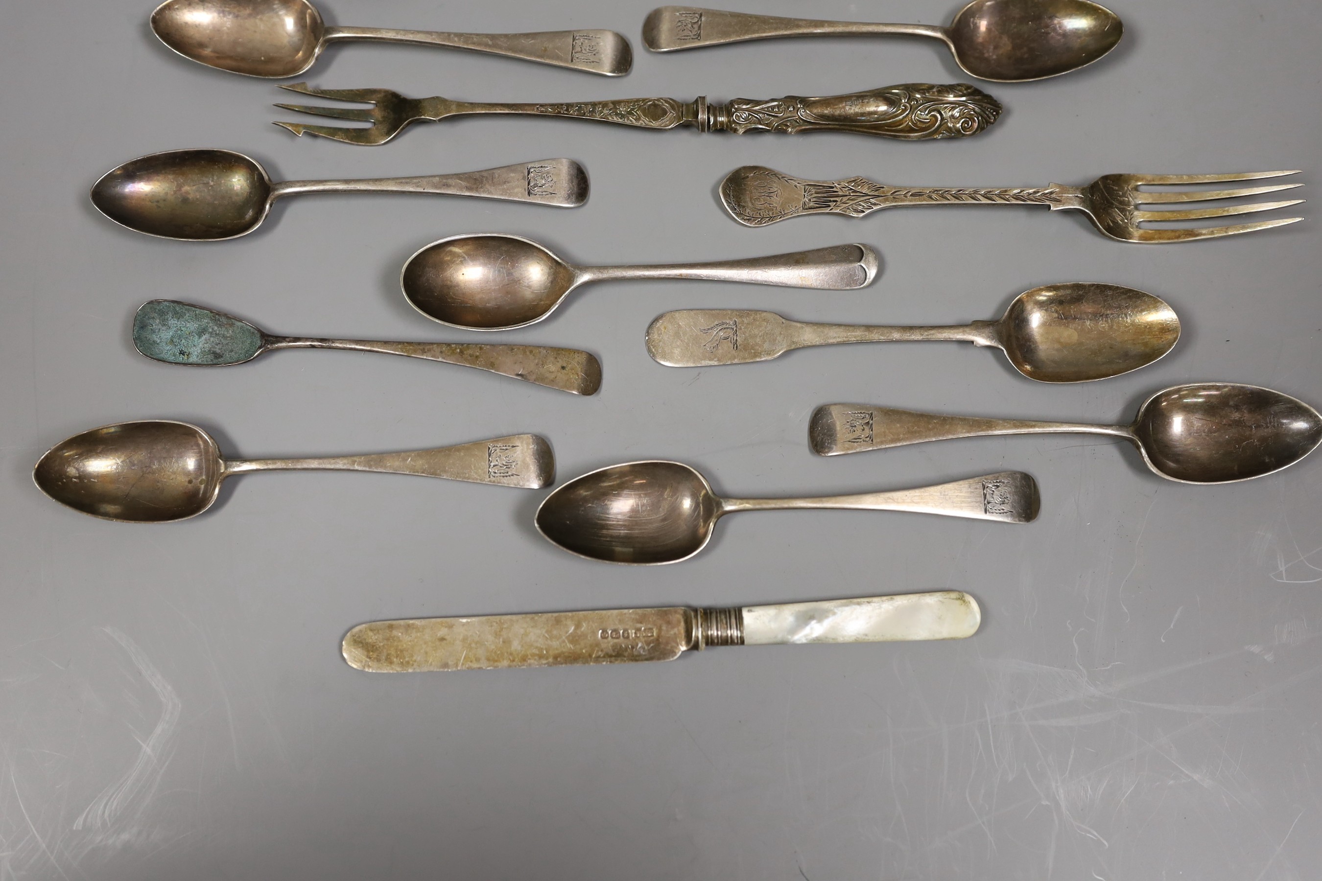 A set of six Victorian provincial silver Old English pattern teaspoons by Josiah Williams & Co, Exeter, 1877 and a small quantity of mainly 19th century silver flatware and a plated teaspoon and pickle fork, weighable si